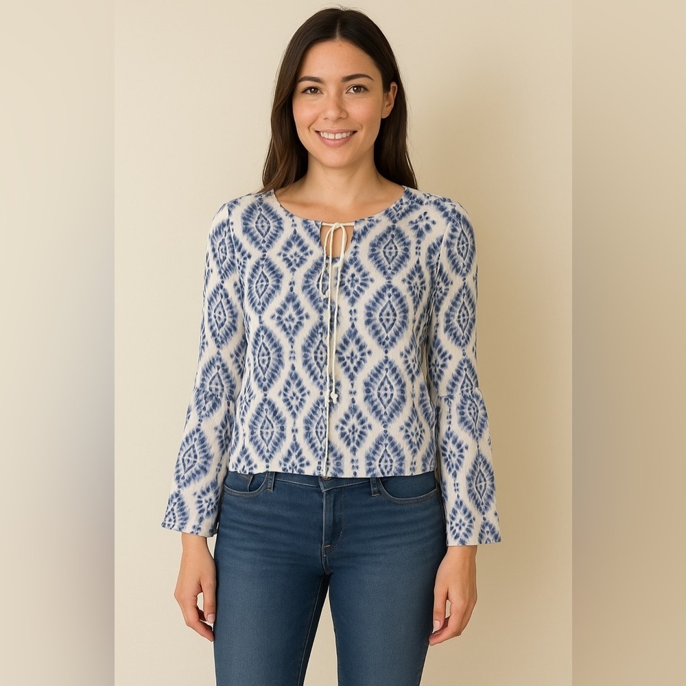 💙 Hollister Blue White Boho Peasant Top Long Sleeve Tie Front Festival Blouse